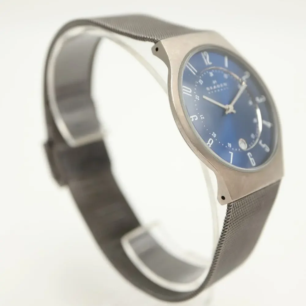 Skagen Titanium Mens Deep Blue 37mm Date Watch Slim Dress Mesh w New Battery